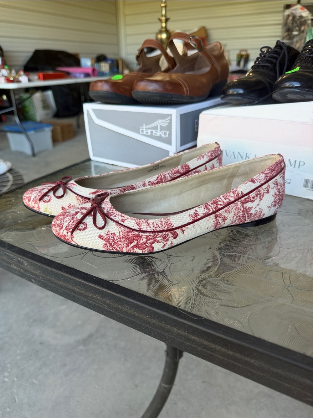 Talbots Red and Cream Toile Ballet Flats with Bow Trim